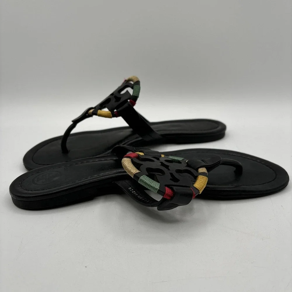 Tory Burch Miller Flats Women's 7 Black Thong Embroidered Colorful Logo Sandals